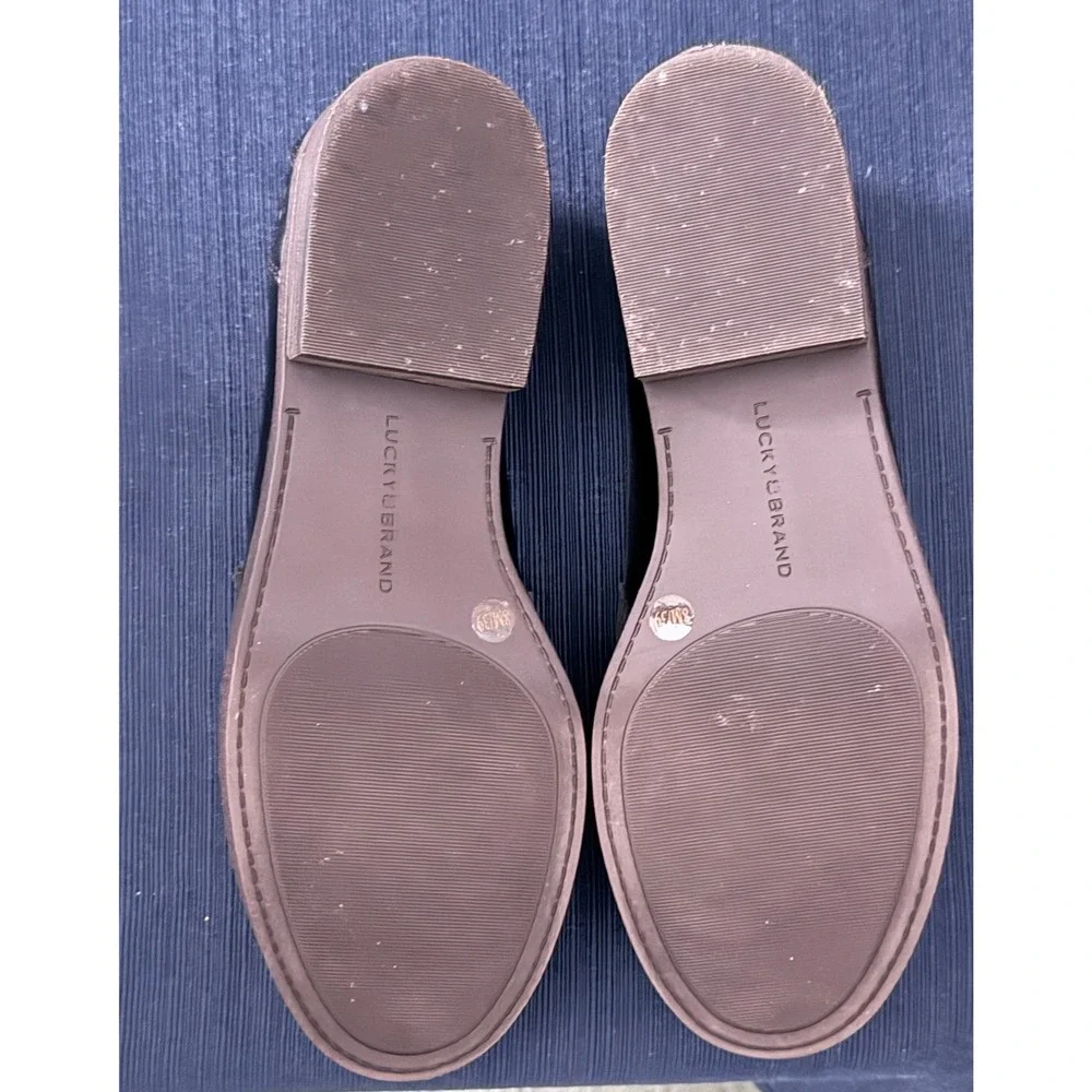Lucky Brand Black Leather Preppy Penny Loafers 8.5M Scalloped Trim Dark Academia